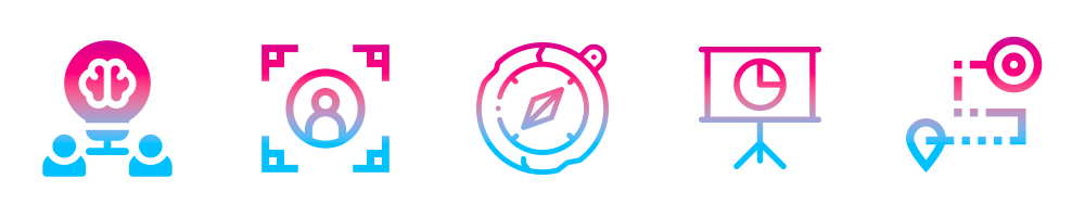 Row of pink and blue icons for audience, targeting, direction, presentation and roadmap